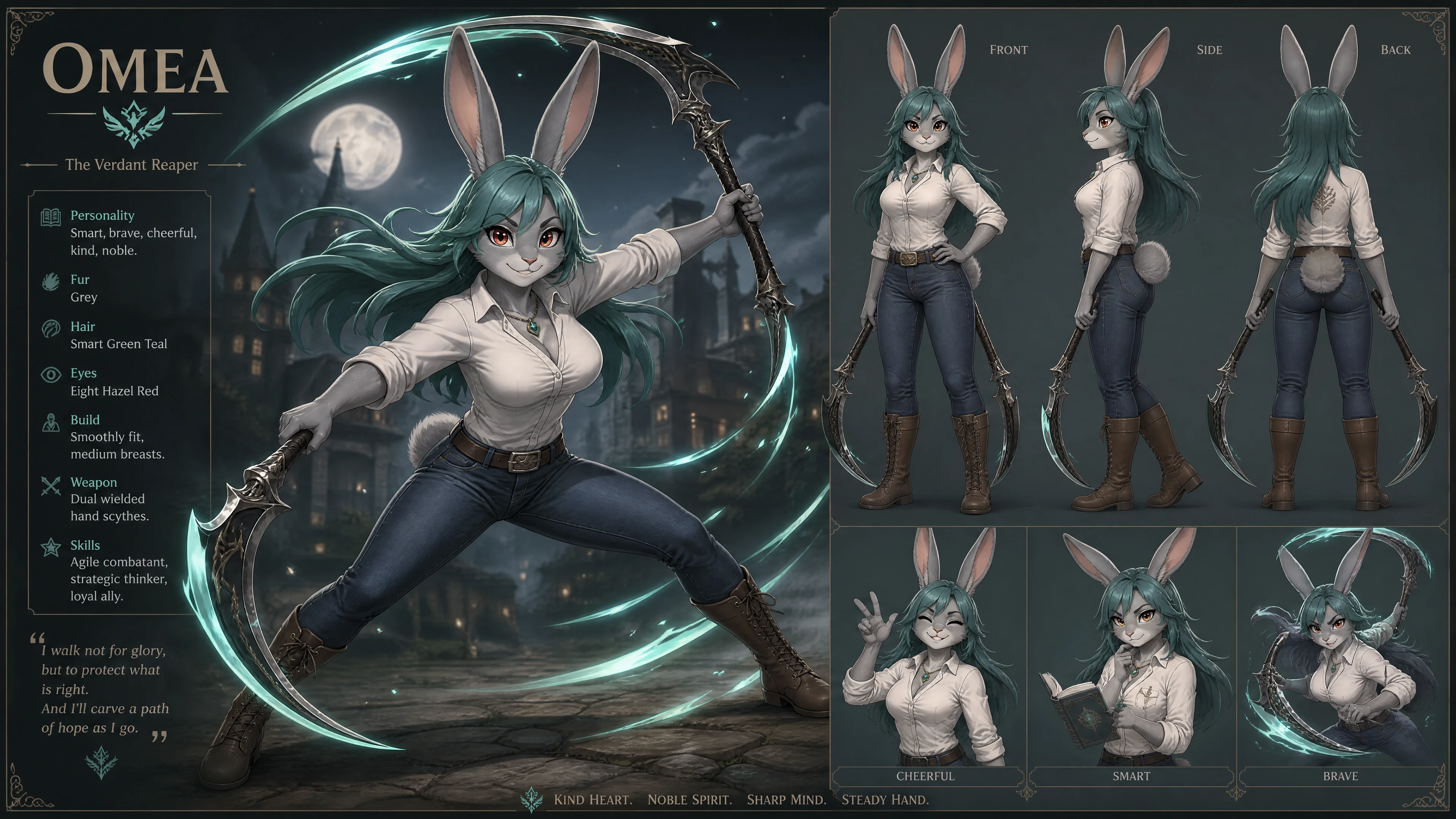 Anthro rabbit girl with green hair and dual hand scythes