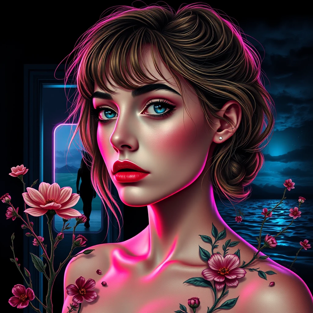 Retrato neón surrealista de una enigmática mujer entre lágrimas