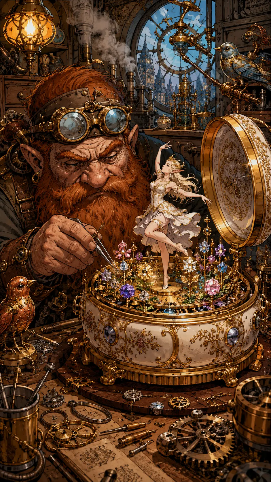 Grumpy dwarf crafting a jeweled porcelain music box