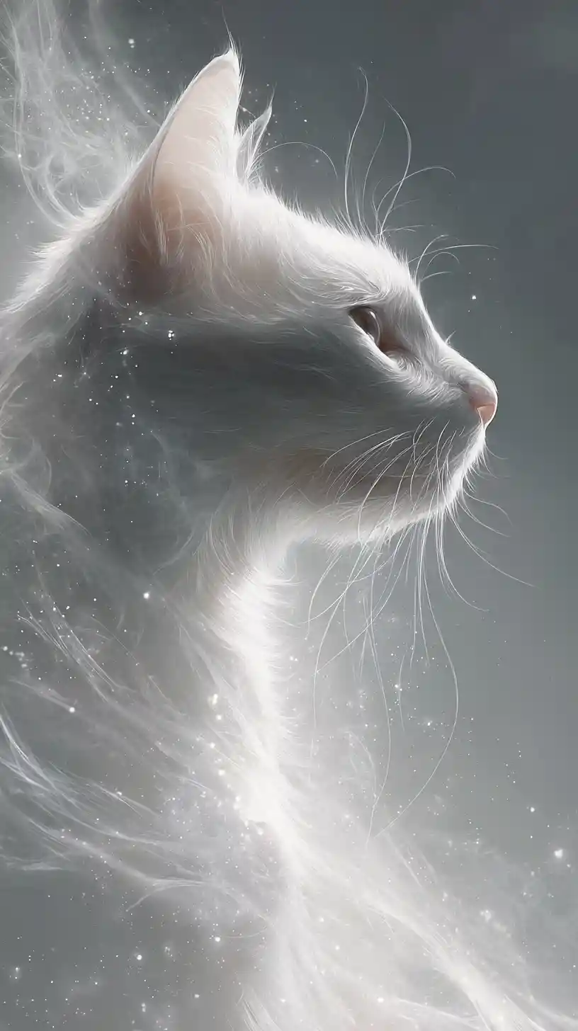 Gato blanco etéreo formado de niebla y polvo de estrellas