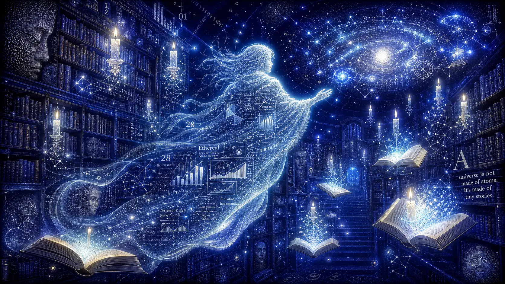 Fantasma translúcido de datos que flota por una biblioteca celestial infinita