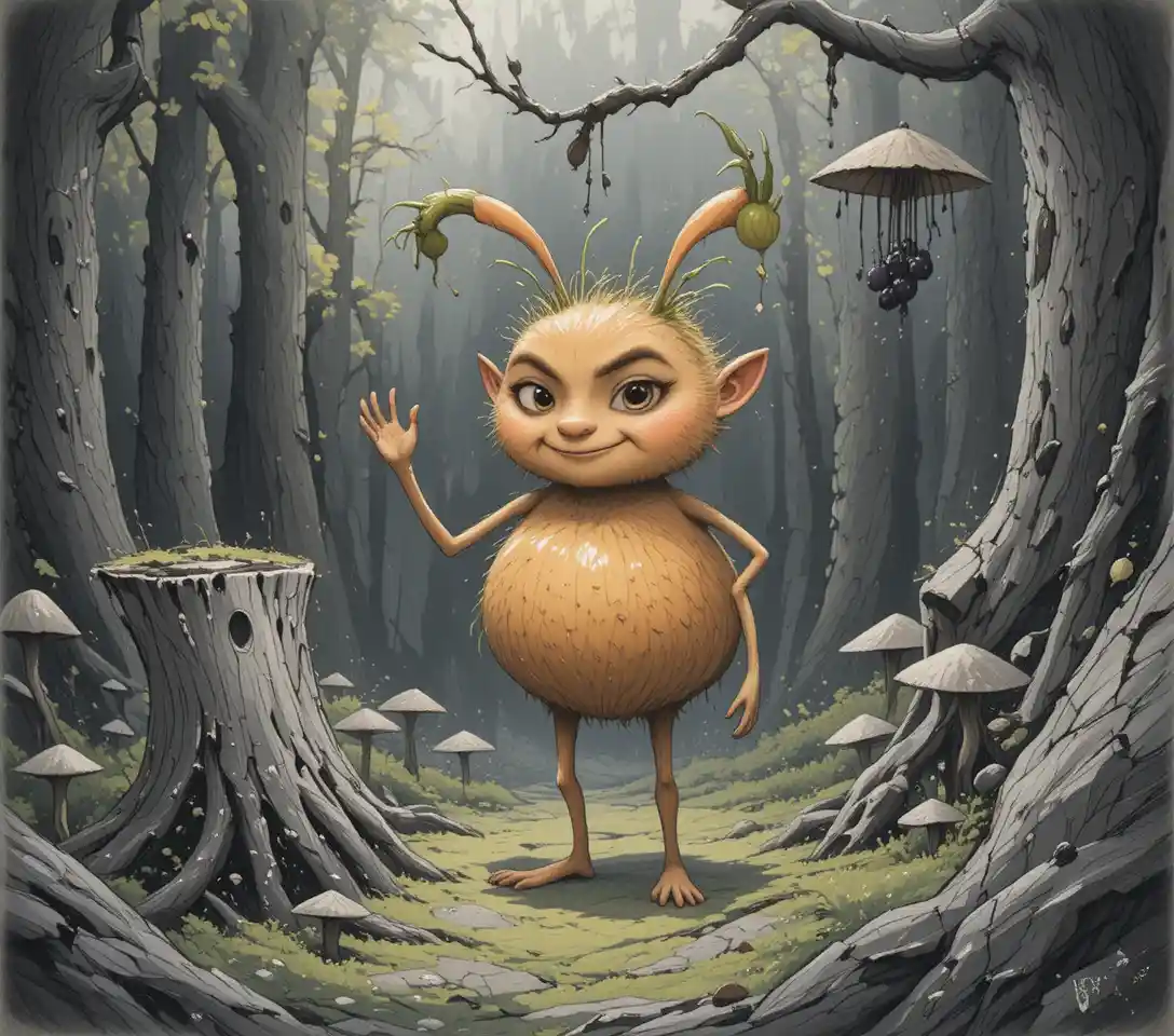 Playful orange forest creature in an enchanted woodland
