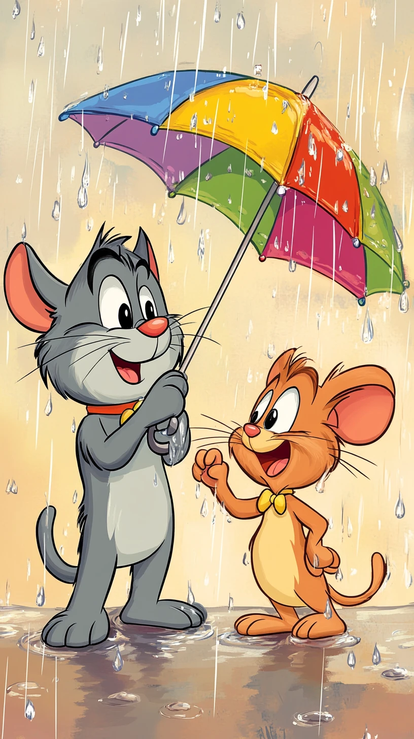 Gato y Ratón de Dibujo Animado Alegres Compartiendo Paraguas Bajo la Lluvia