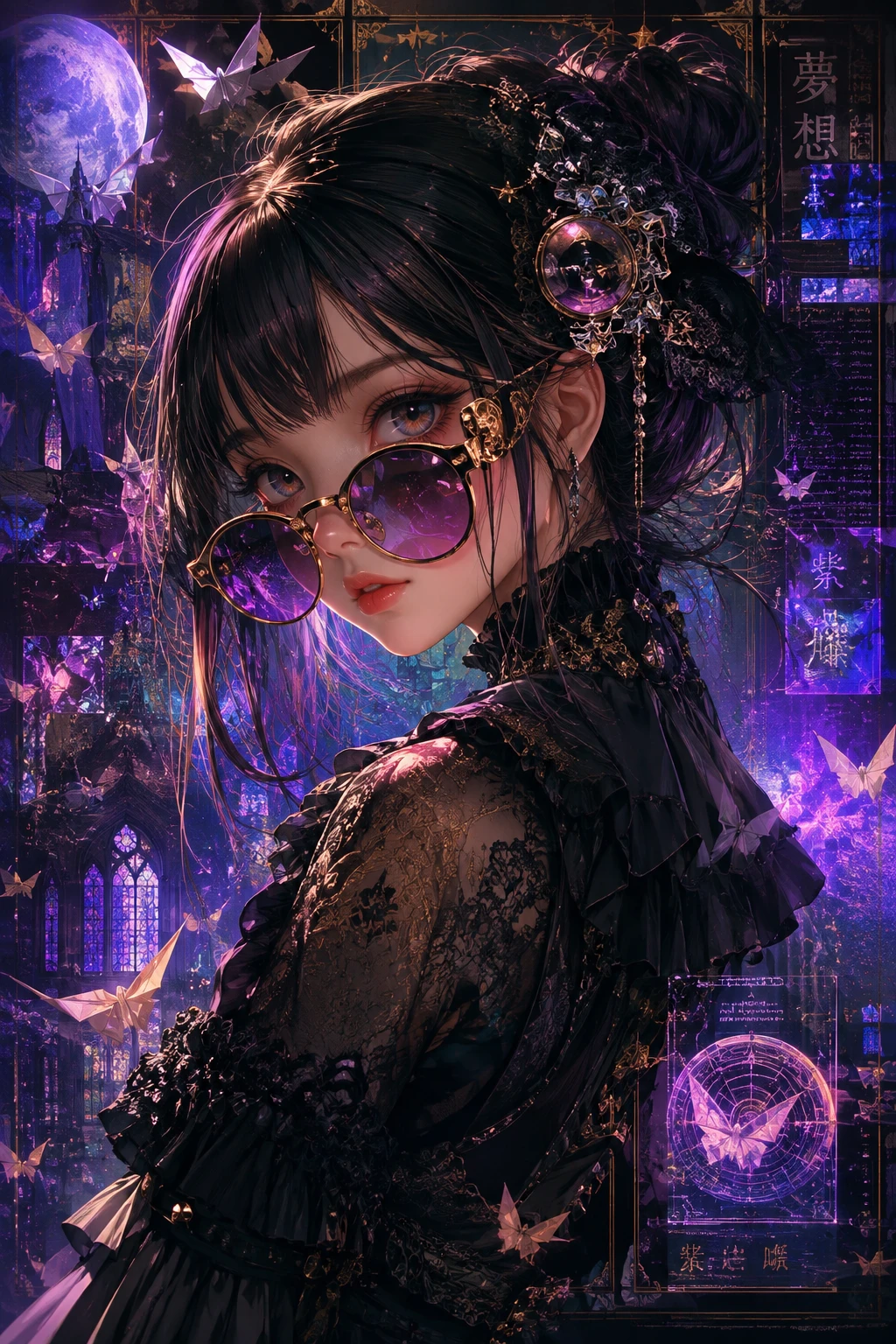 Chica de dibujos animados con gafas retrofuturistas en retrato neón