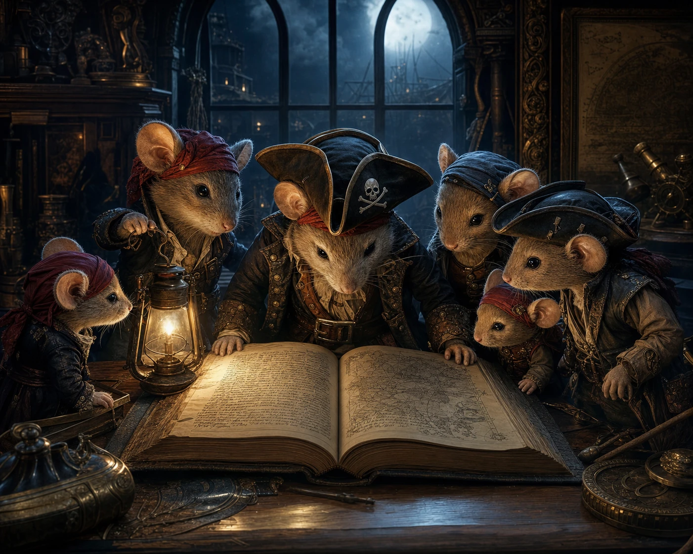 Ratones piratas reunidos alrededor de un libro antiguo por la noche