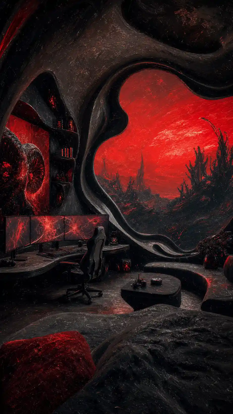 Futuristic gamer sanctuary with organic black walls and red glow