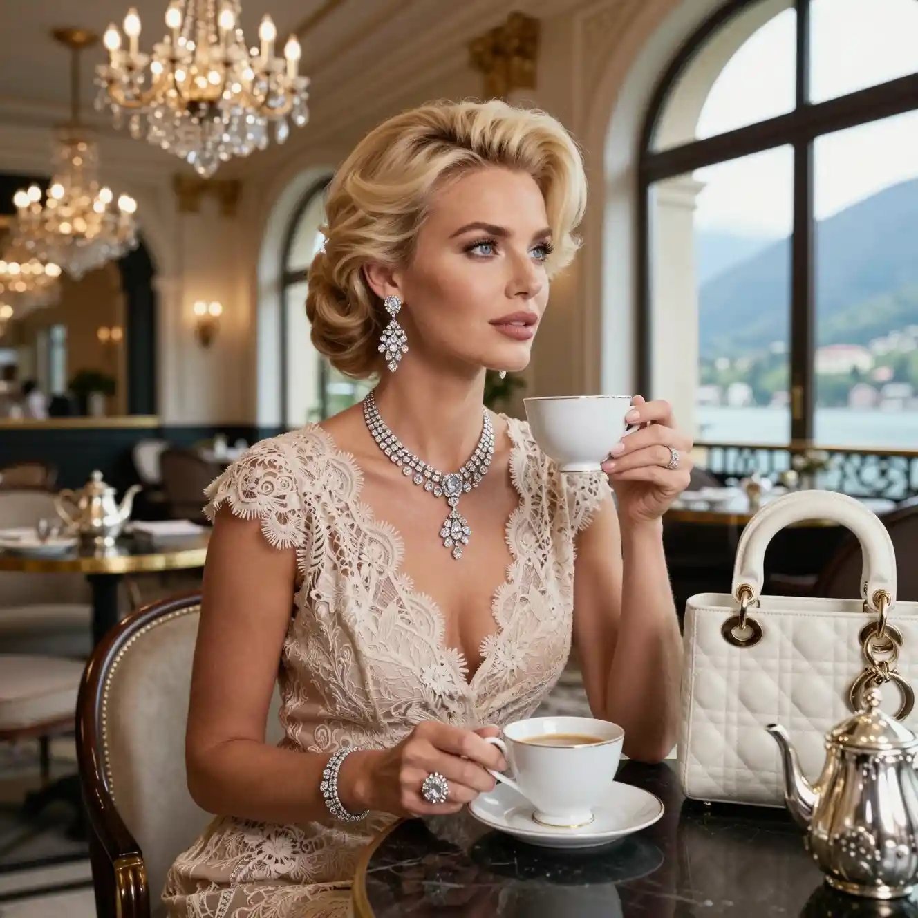 Elegant blonde woman in lace dress at luxury cafe