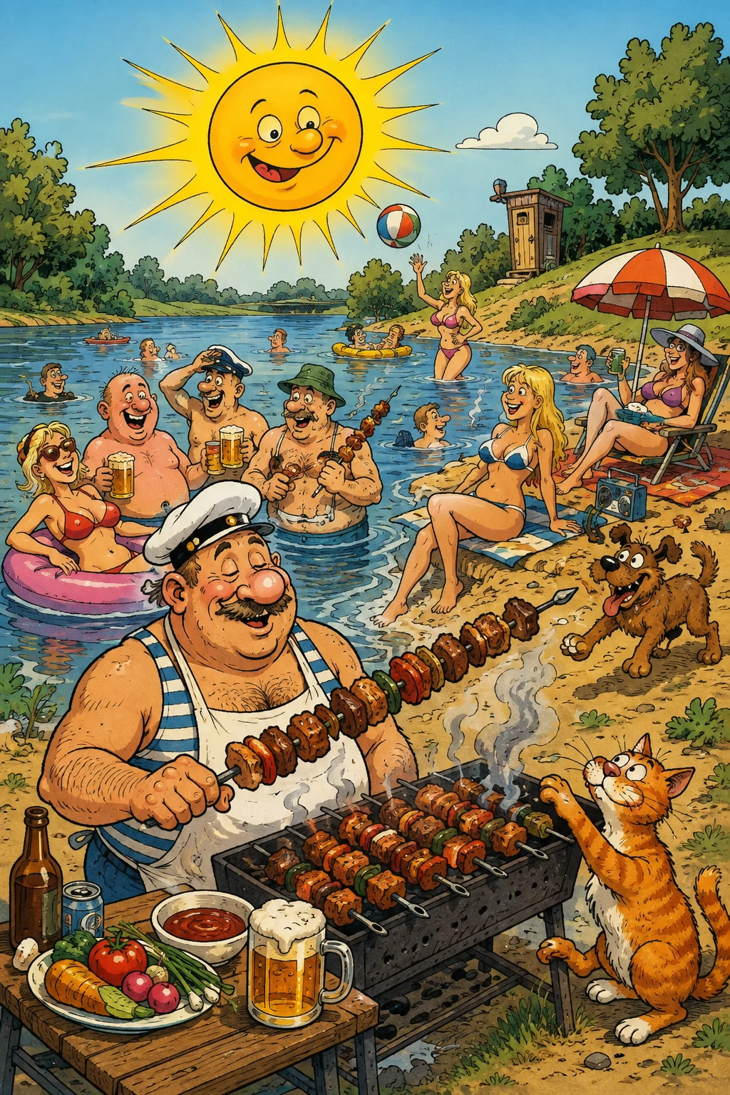 Divertida barbacoa en dibujo animado junto a un lago soleado