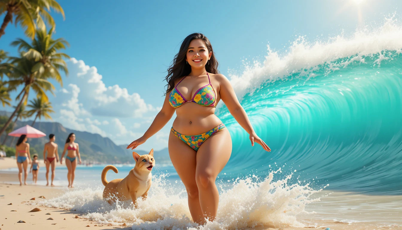 Mujer segura de sí misma en bikini colorido en una playa soleada de Hawái