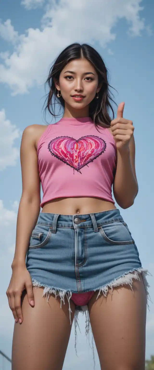 Mujer segura de sí misma con top rosa bajo el cielo azul