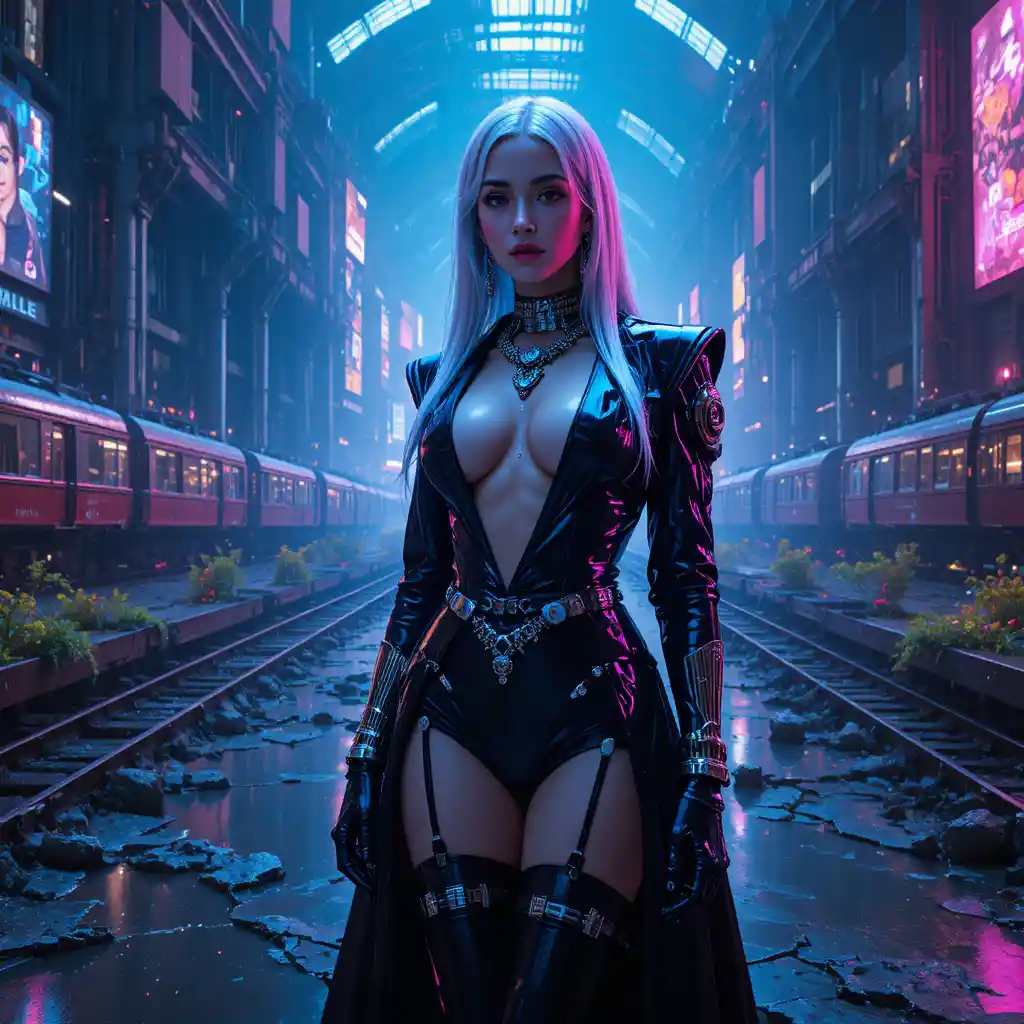 Heroína futurista en la pasarela de una megaciudad en ruinas empapada de neón