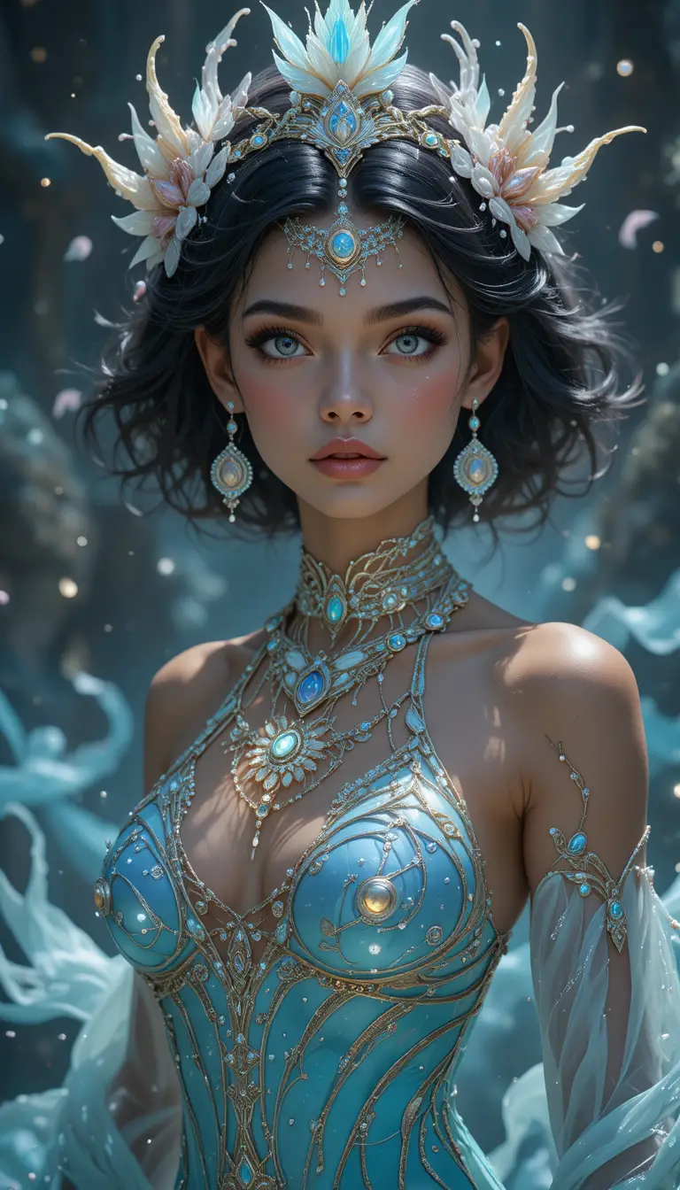 Graceful mermaid woman with luminous oceanic tail