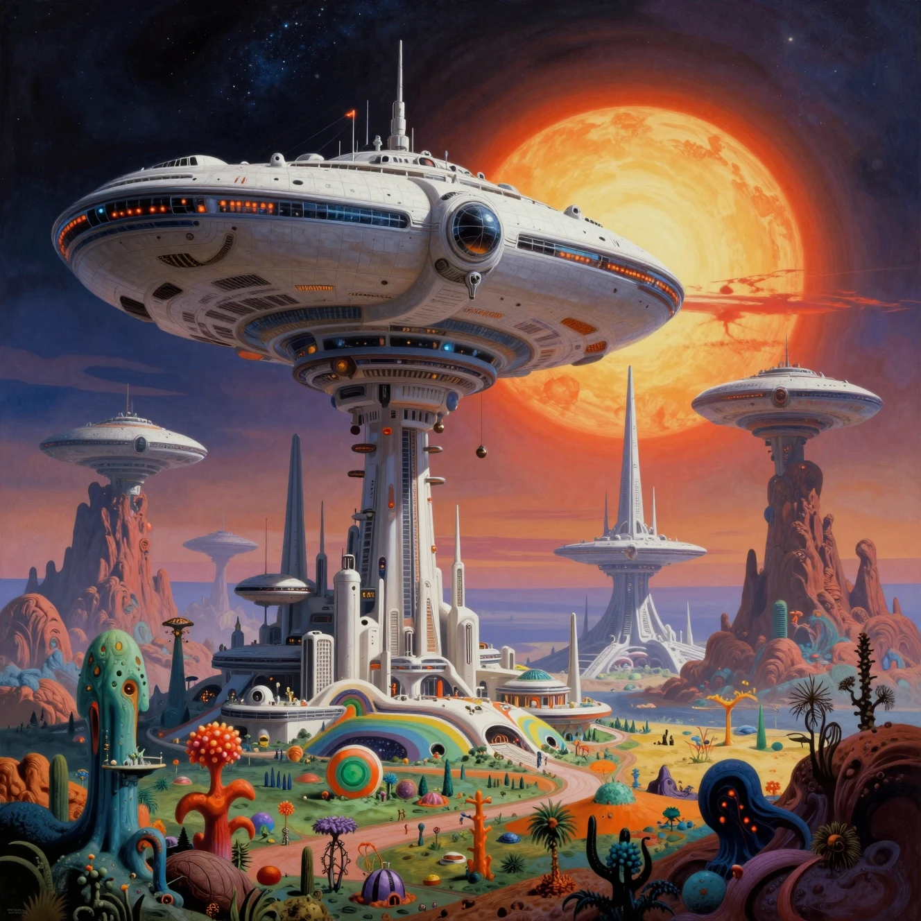Megastructura de ciencia ficción retro sobre un mundo alienígena surreal