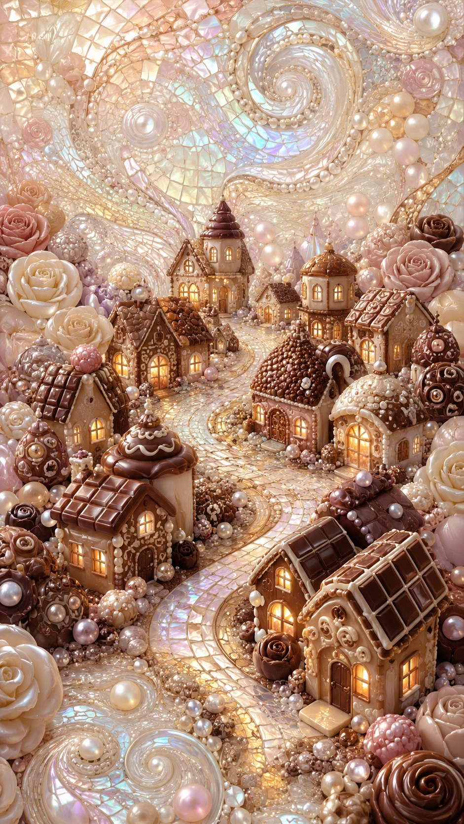 Aldea de chocolate fantástica con casas de caramelo brillantes de noche