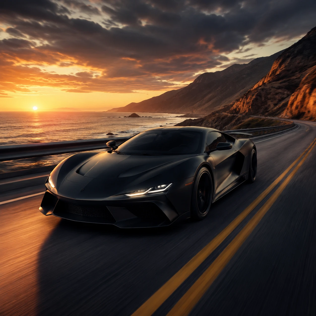 Hipercoche negro corriendo por una autopista costera vacía al atardecer