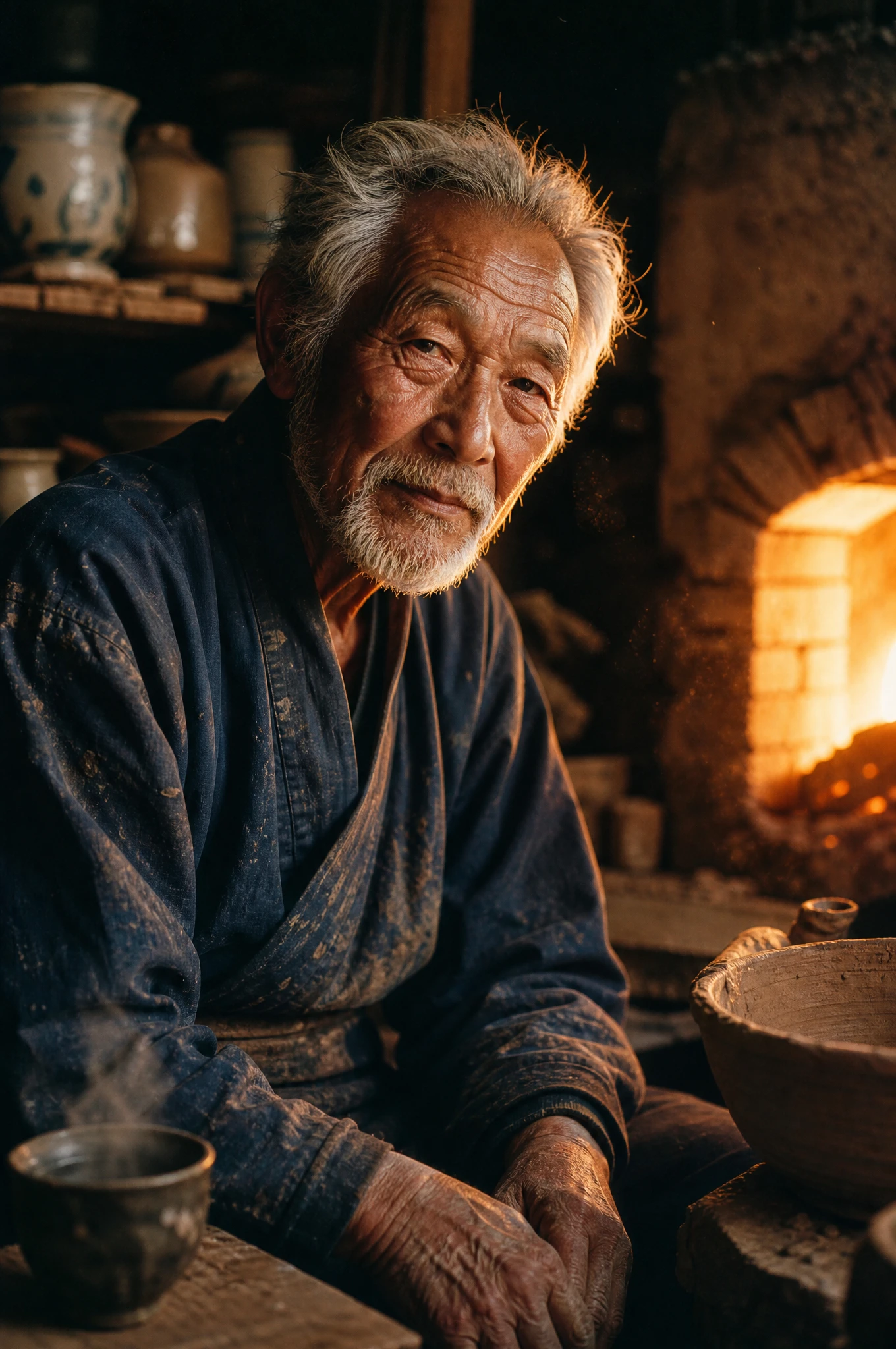 Alfarero japonés anciano iluminado por el resplandor del horno en el estudio