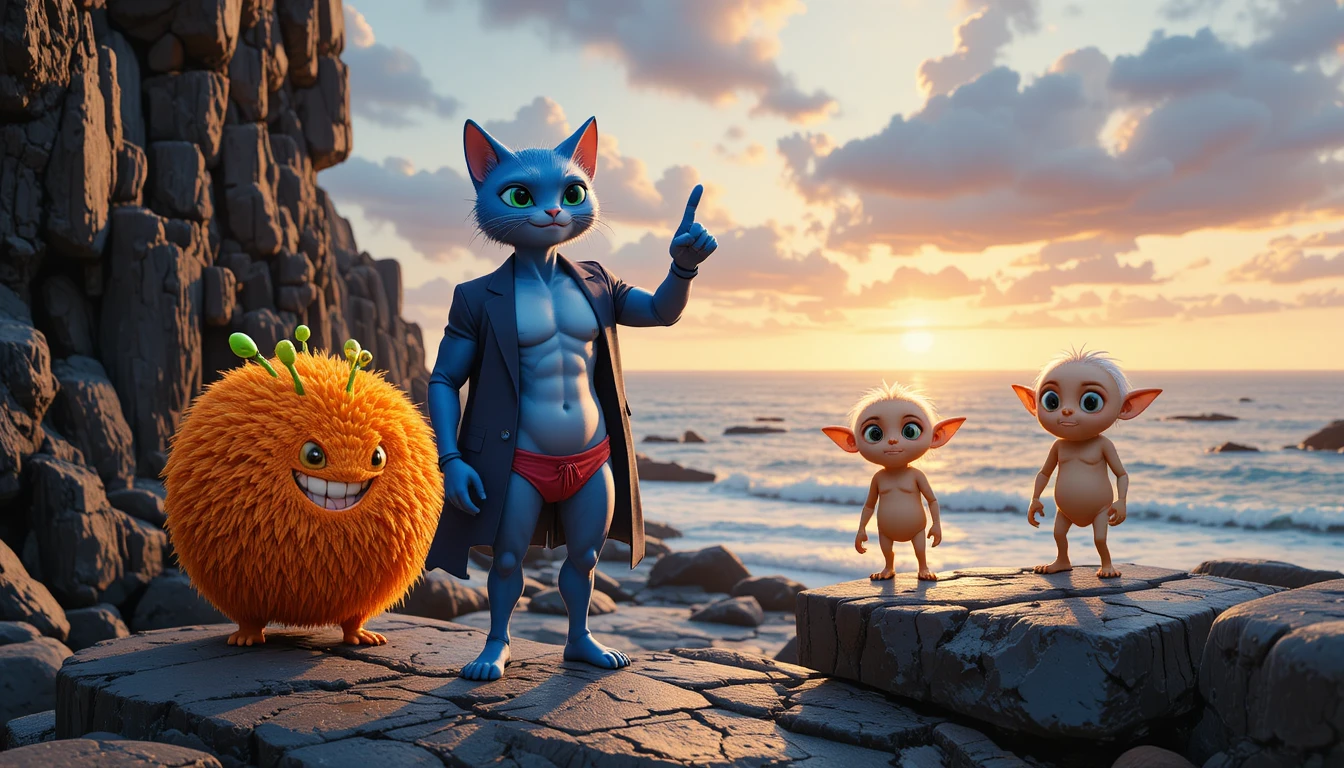 Héroe Gato Azul en Costa Rocosa al Cálido Atardecer