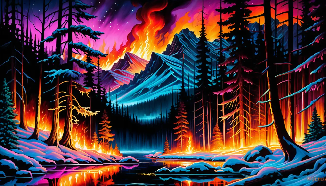 Paisaje de bosque en llamas de fantasía oscura en el noroeste de Montana