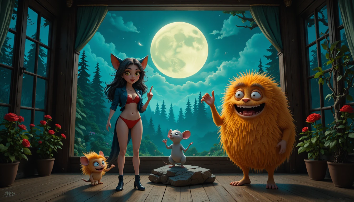 Mujer gato y criaturas fantásticas en habitación de bosque a la luz de la luna