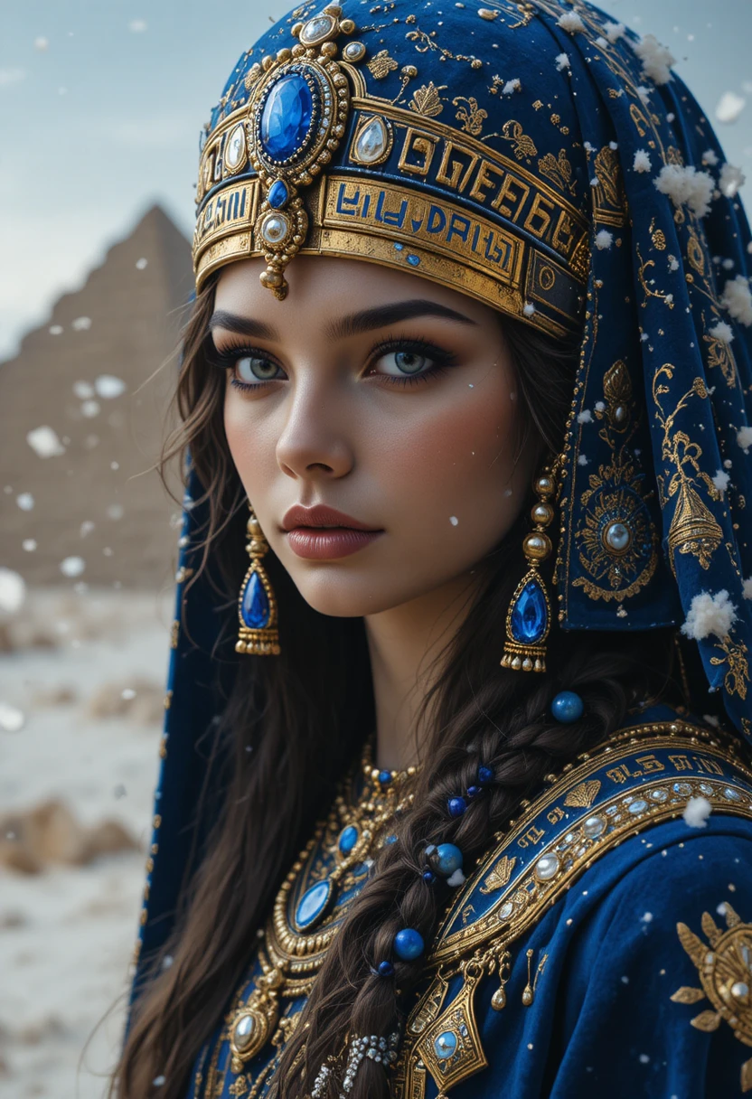 Egyptian queen in snow before distant pyramids