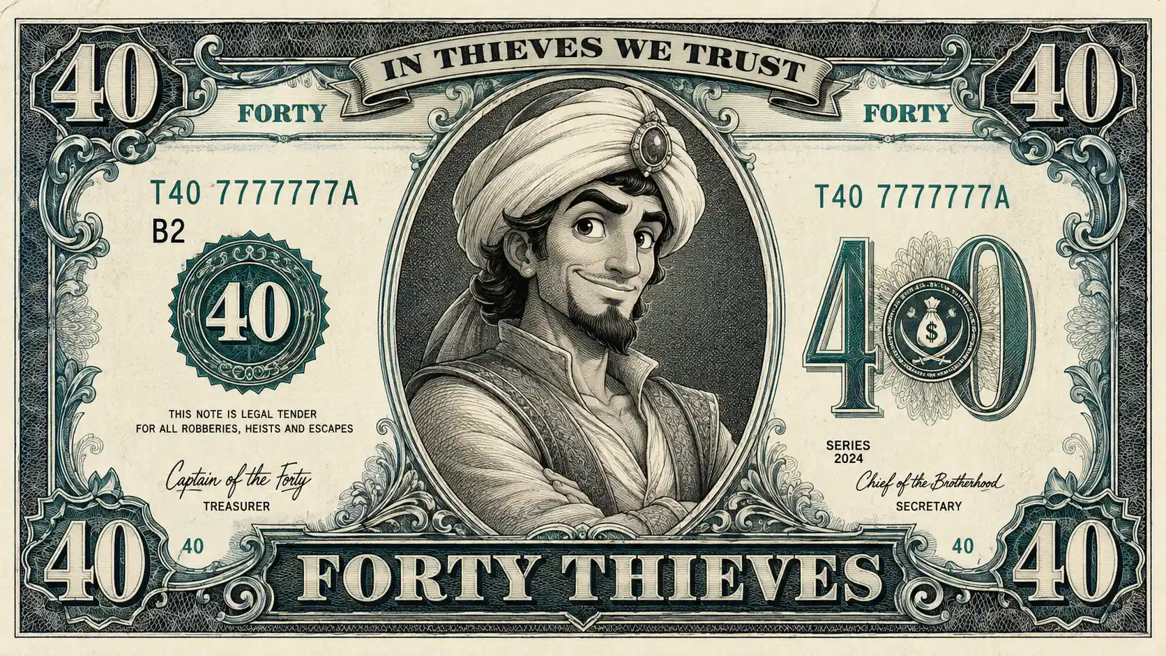 Fantasy forty dollar bill with cartoon portrait and motto