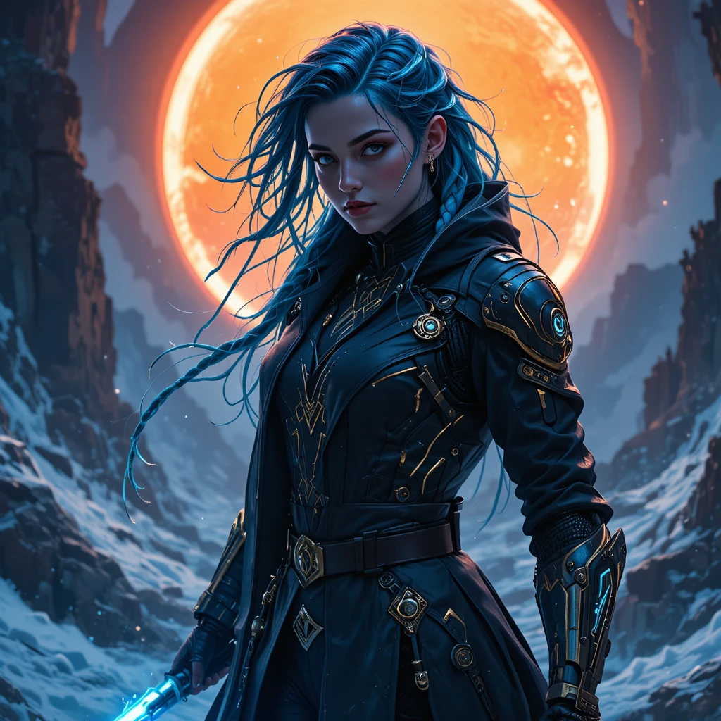 Guerrera cyberpunk con trenzas brillantes y katana de plasma