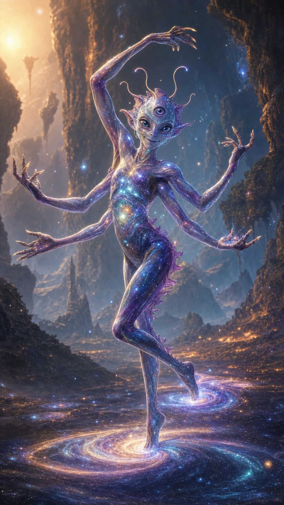 Alien juguetón con ojos en espiral en una escena de fantasía cósmica