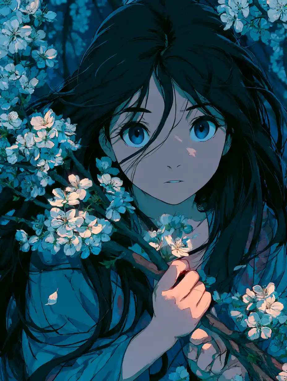 Anime girl holding cherry blossoms in dramatic fantasy lighting