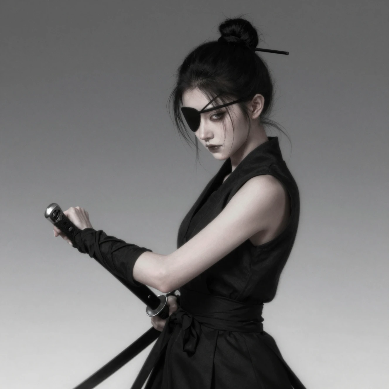 Guerrera ninja de fantasía oscura con espada corta