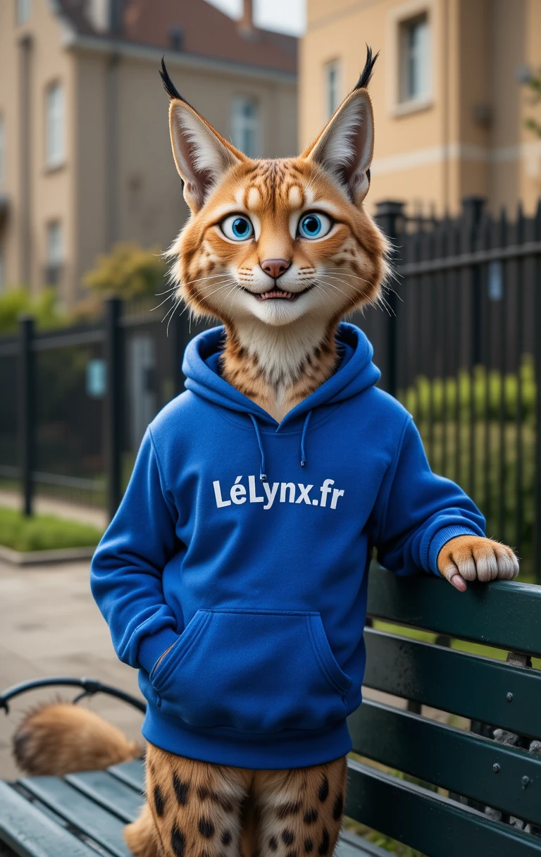 Lince antropomórfico con sudadera azul junto a un banco de parque