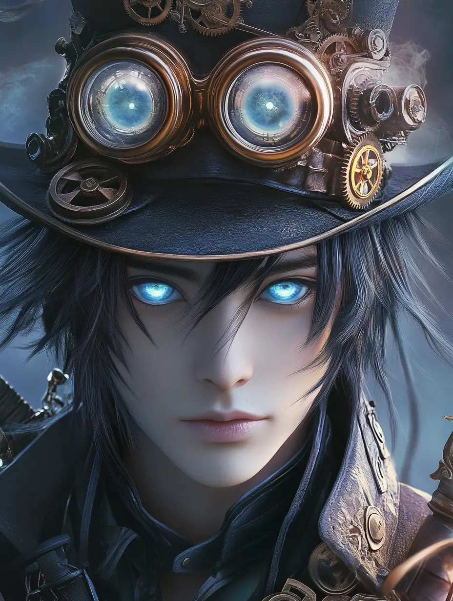 Steampunk samurai portrait with glowing blue anime eyes