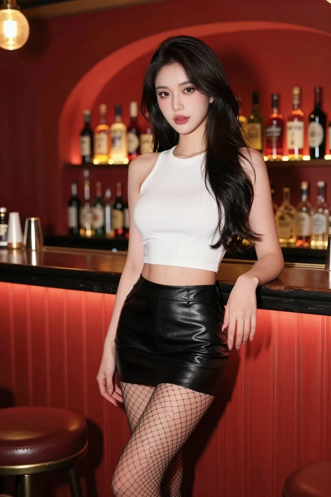 Confident woman in bar wearing white top and leather skirt