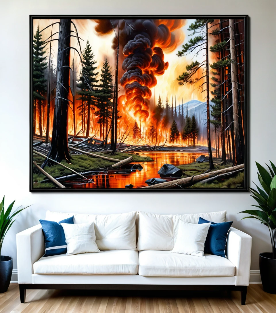 Bosque en llamas en Montana en una dramática pintura de paisaje montañoso
