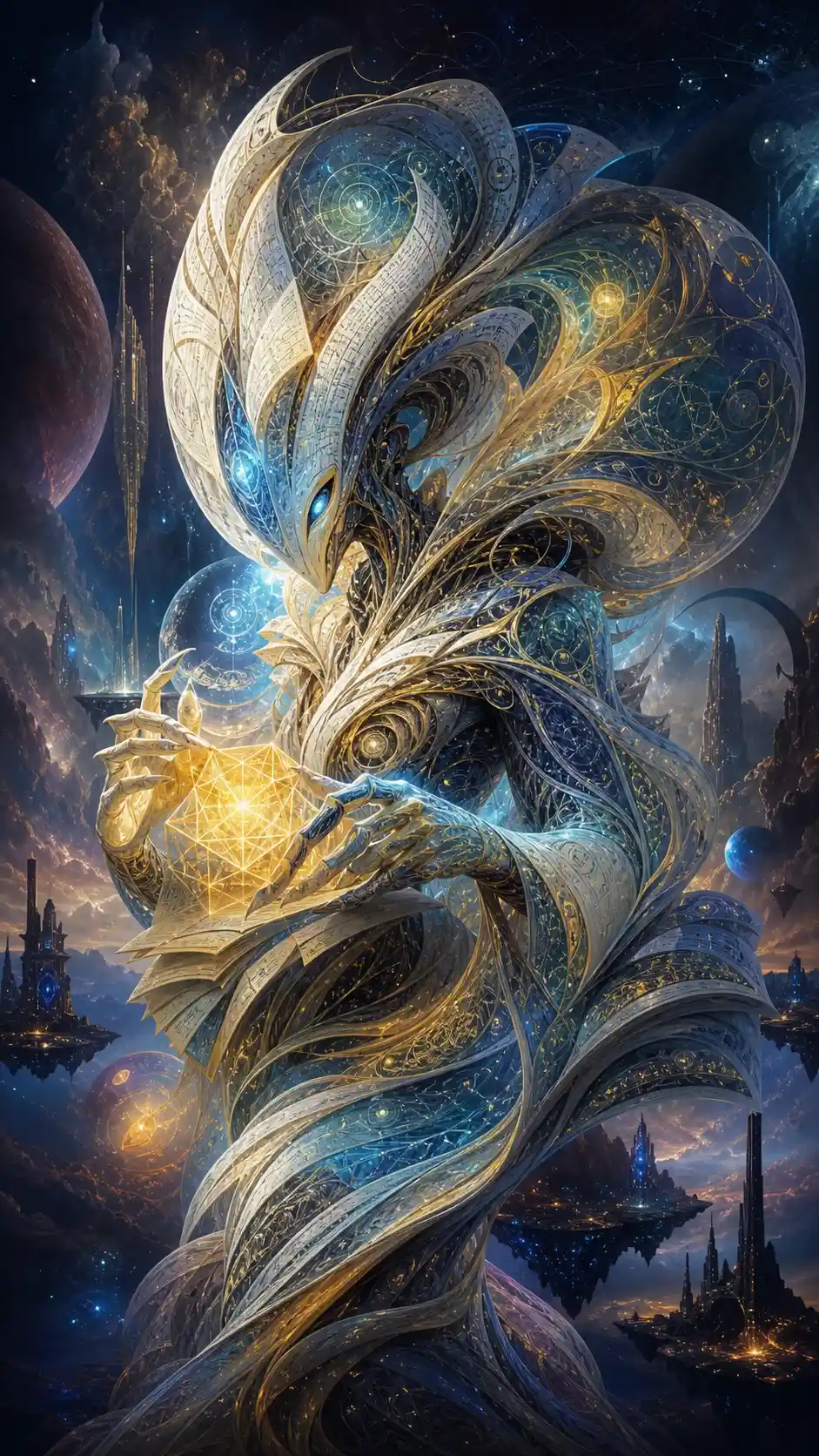 Entità aliena di pagine luminose vorticose e geometria
