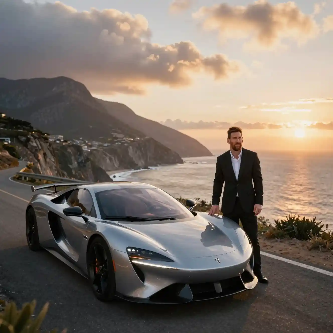 Hombre con traje negro y hypercar plateado al atardecer en la costa