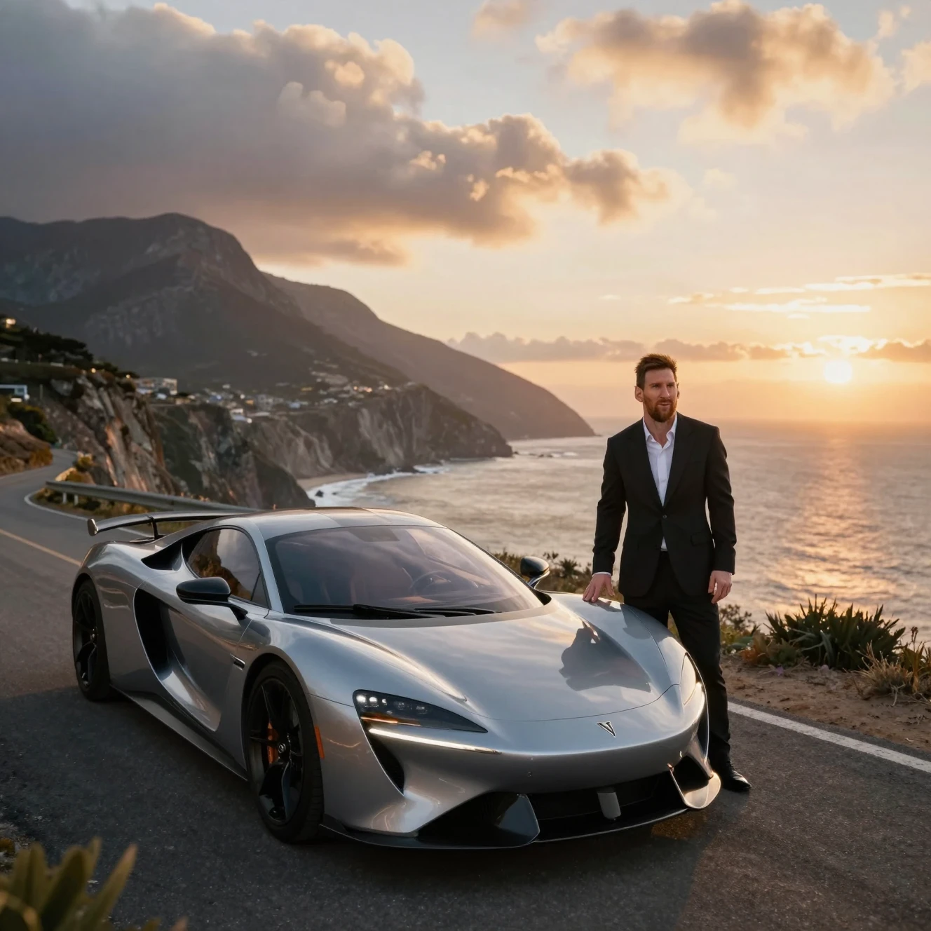 Hombre con traje negro y hypercar plateado al atardecer en la costa