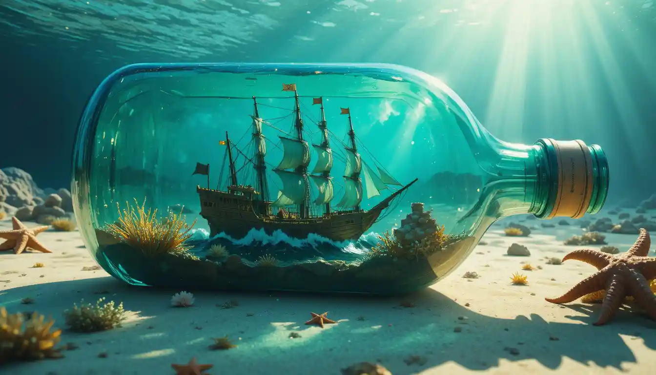 Naufragio surreal en una botella de cristal en el fondo del océano