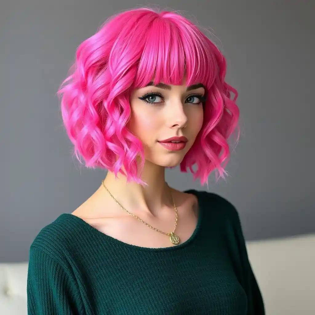 Hot pink short bob wig with wavy bangs for women