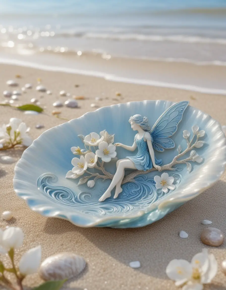 Delicate blue fairy carved on a pearl shell