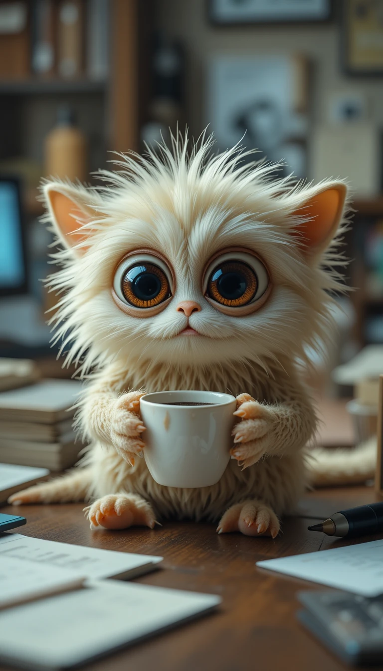 Winziges flauschiges Monster hält einen winzigen Kaffee auf dem Schreibtisch