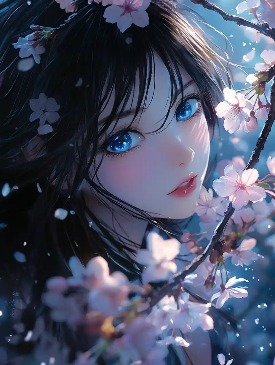 Anime girl holding cherry blossoms in dramatic fantasy portrait