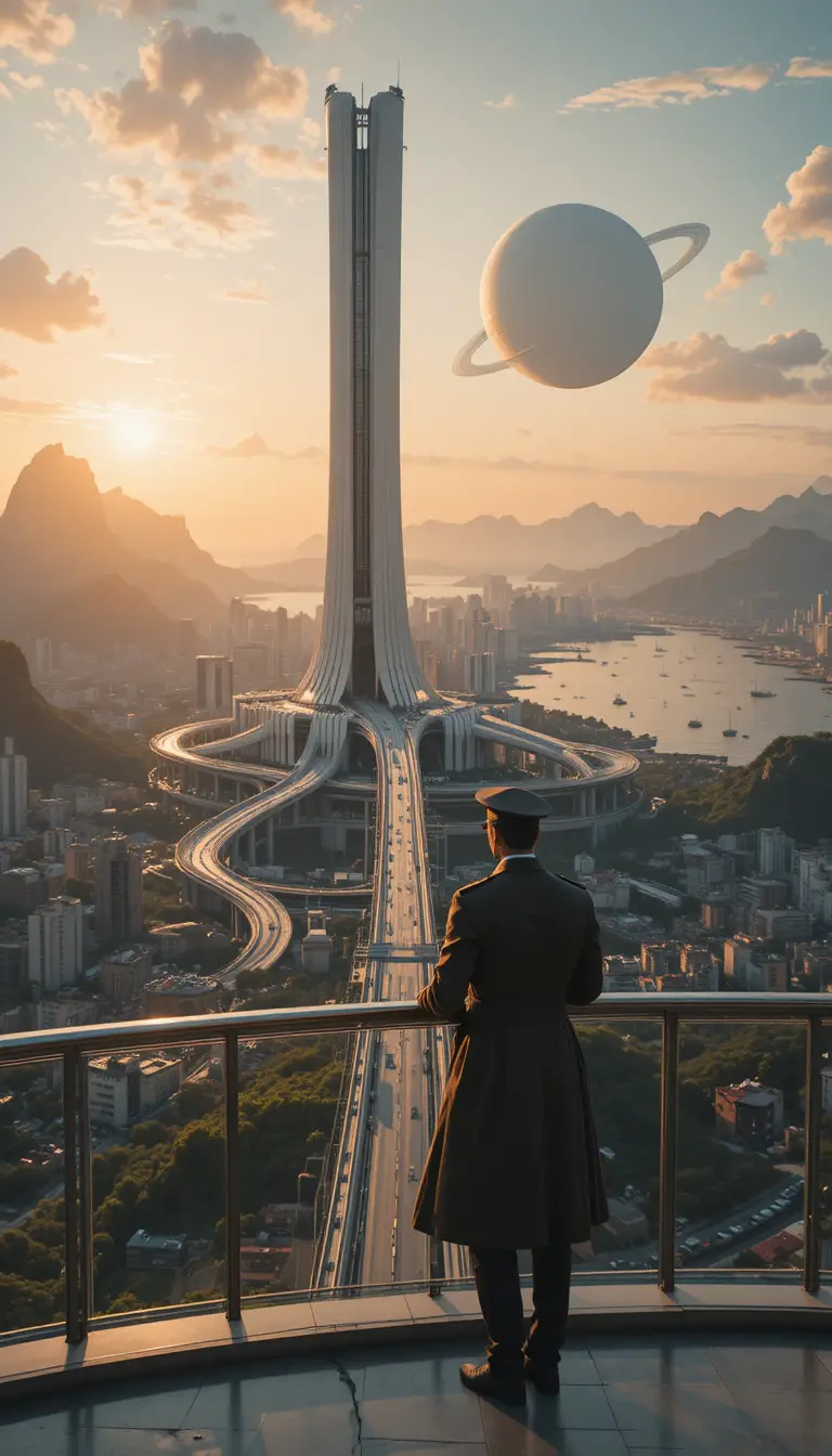 Futuristic megacity skyline at sunset with lone observer