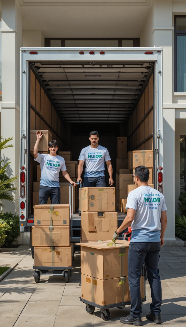 Mudanzas profesionales cargando muebles en un camión de mudanza blanco