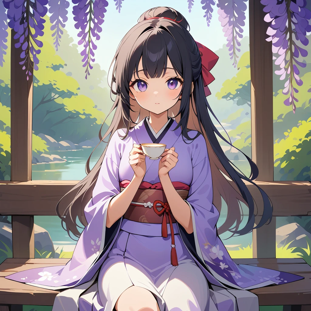Mujer de anime con kimono morado bajo glicinas en flor