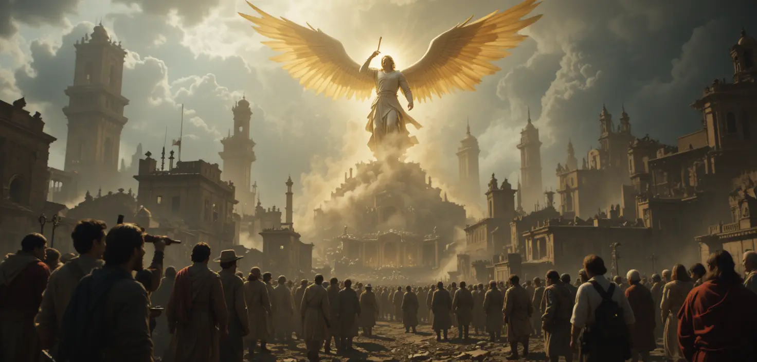 Angel sounding a golden trumpet above ruined city