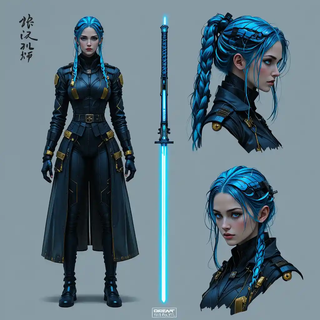 Mujer mercenaria cyberpunk con brazo cibernético y katana de plasma