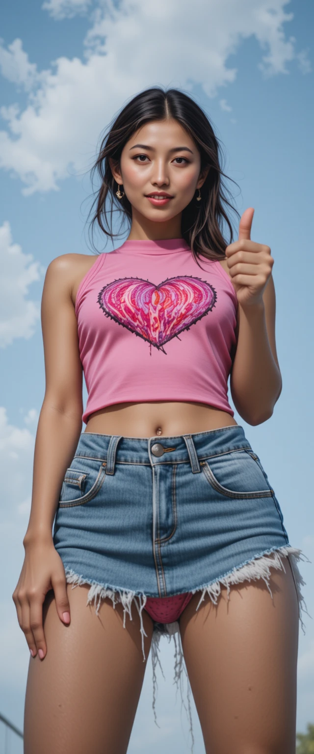 Mujer segura de sí misma con top rosa bajo el cielo azul