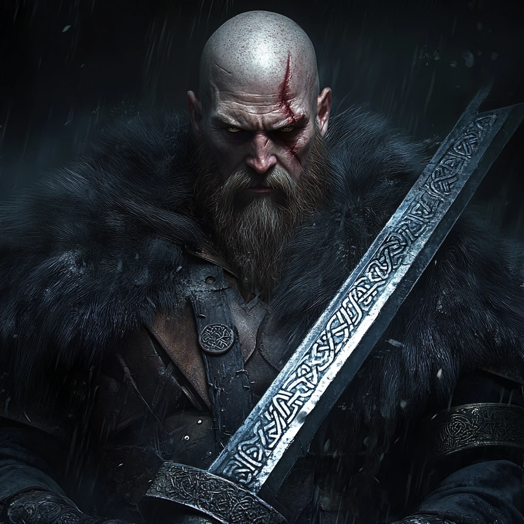 Stoic bald fantasy warrior with rune greatsword