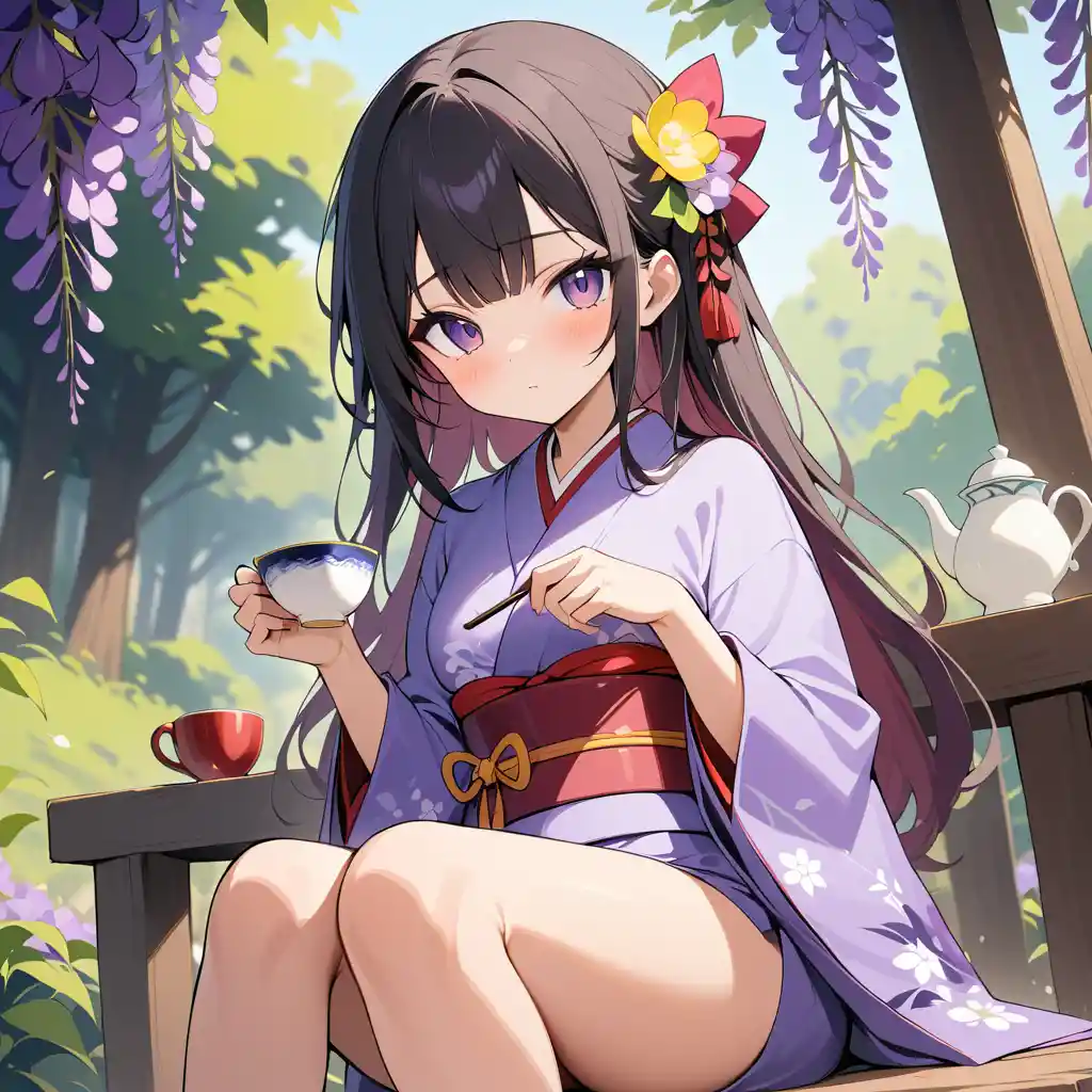 Chica con kimono morado bebiendo té bajo flores de glicinia