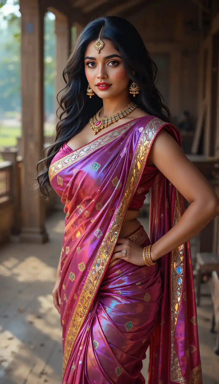 Indian woman in glossy patterned saree full body pose